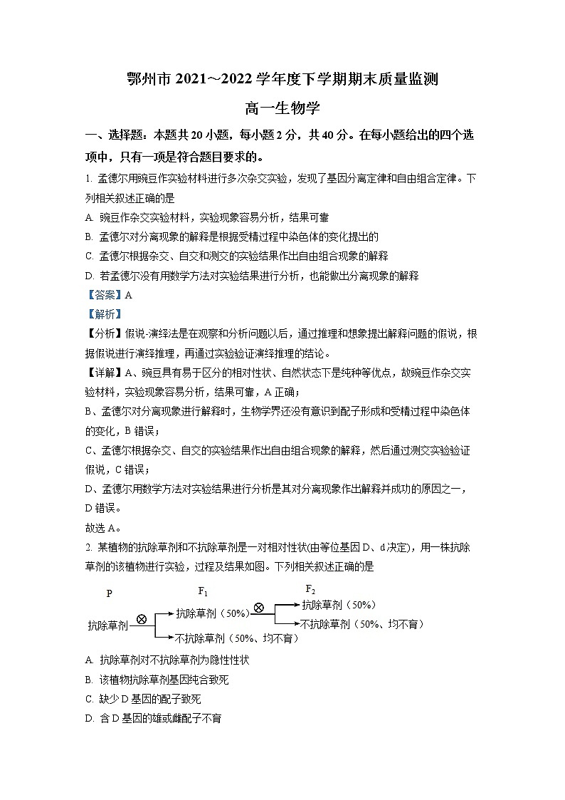 湖北省鄂州市2021-2022学年高一下学期期末质量监测生物试题(详解版)第1页