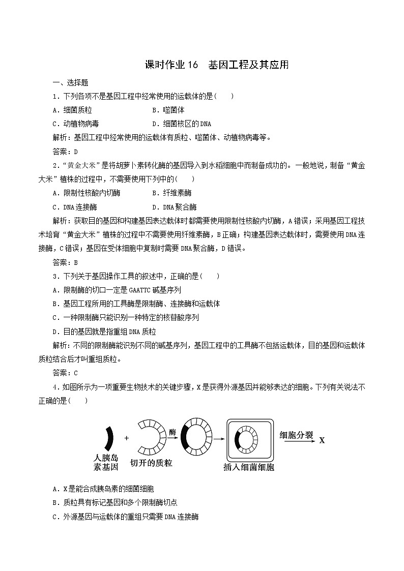 人教版高中生物必修2課時作業(yè)16基因工程及其應(yīng)用含答案第1頁