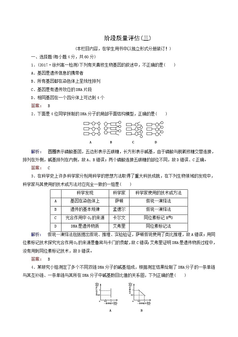 人教版高中生物必修2第3章基因的本質(zhì)階段質(zhì)量評(píng)估3含答案第1頁