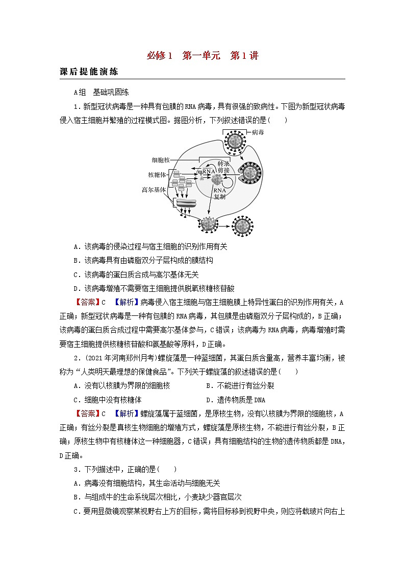 2023版高考生物一轮总复习第1单元走近细胞组成细胞的分子第1讲走近细胞课后提能演练01