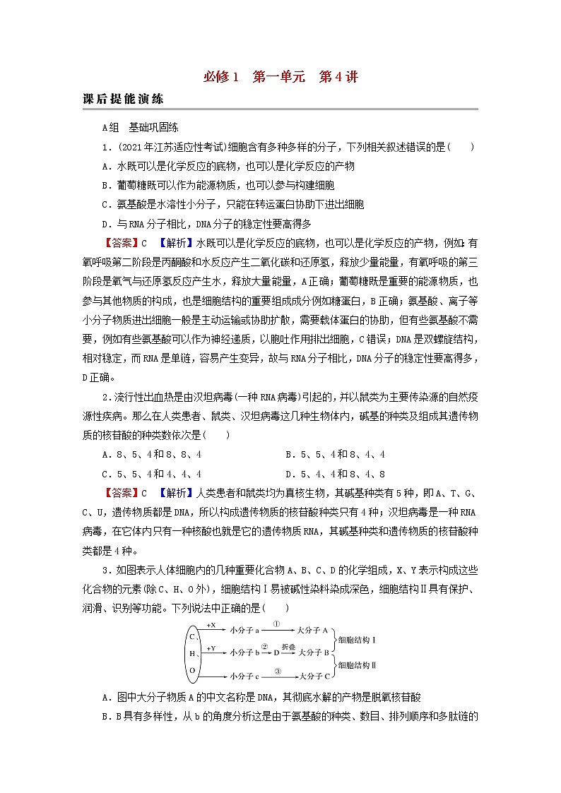 2023版高考生物一轮总复习第1单元走近细胞组成细胞的分子第4讲核酸是遗传信息的携带者细胞中的糖类和脂质课后提能演练第1页