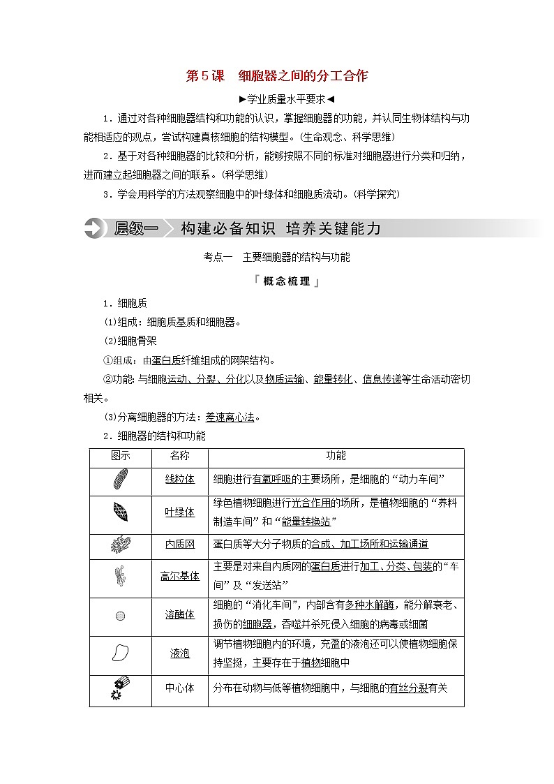 2023版高考生物一轮总复习第2单元细胞的基本结构第5课细胞器之间的分工合作教师用书第1页
