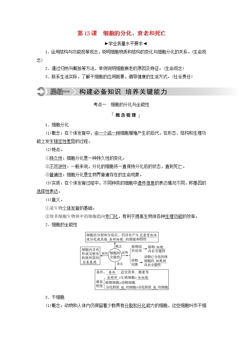 2023版高考生物一轮总复习第4单元细胞的生命历程第13课细胞的分化衰老和死亡教师用书