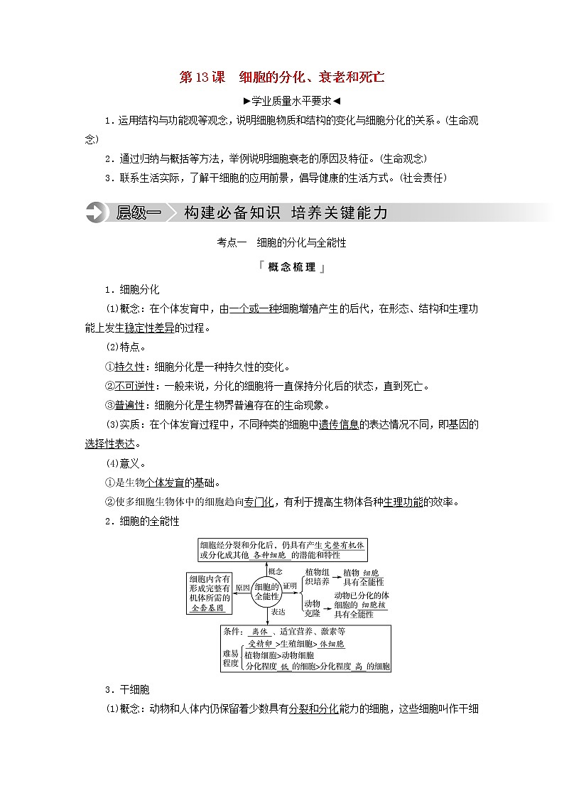 2023版高考生物一轮总复习第4单元细胞的生命历程第13课细胞的分化衰老和死亡教师用书第1页