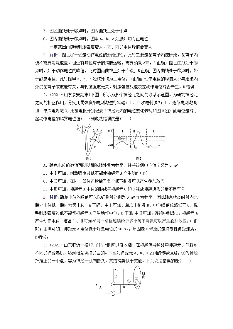 2023版高考生物一轮总复习第8单元生命活动的调节高频考点进阶课4.兴奋传导与传递的相关分析教师用书第3页