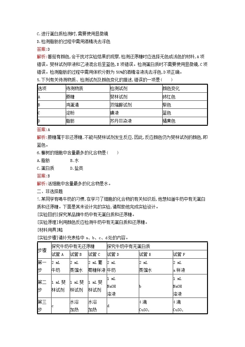 新教材高中生物第2章组成细胞的分子第1节细胞中的元素和化合物课后习题新人教版必修102