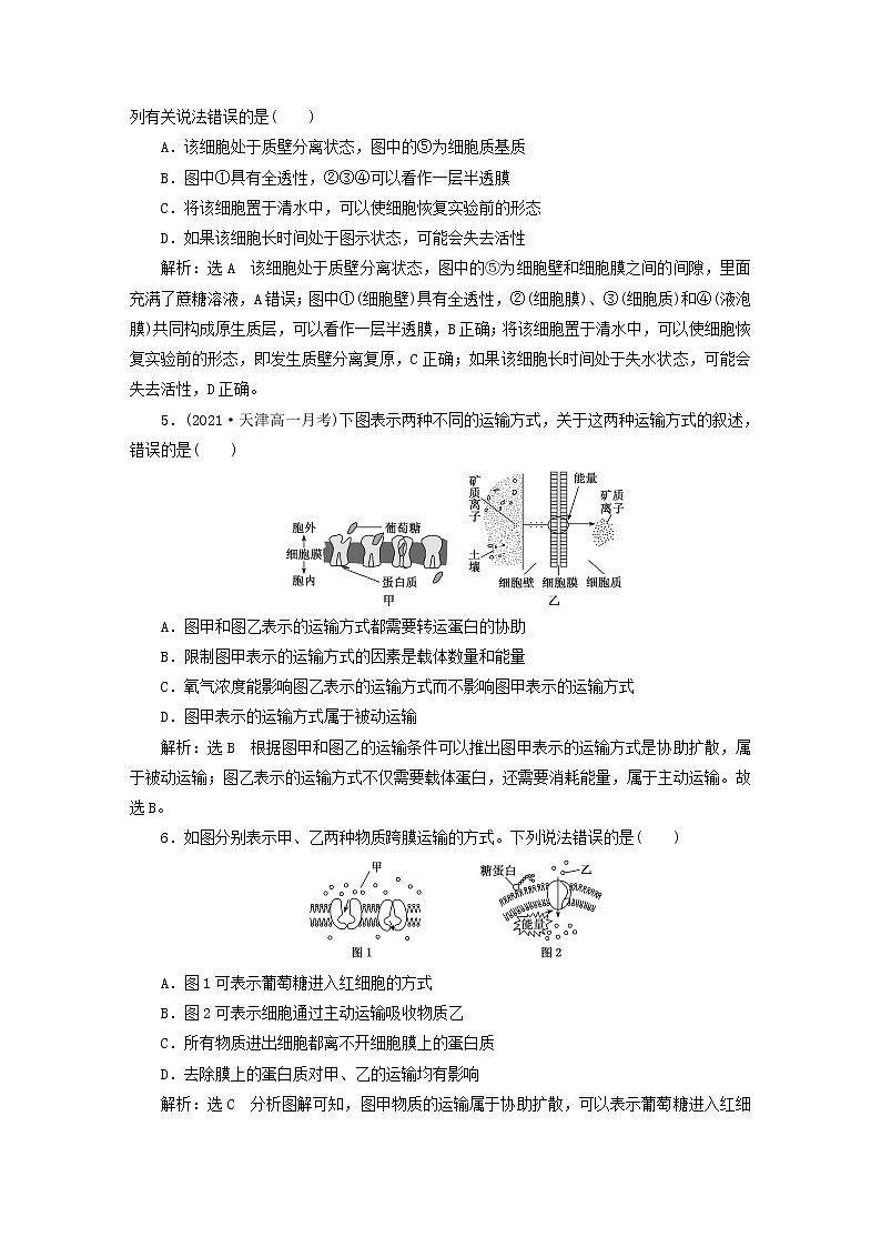 2022新教材高中生物阶段验收评价三细胞的物质输入和输出新人教版必修1 试卷02