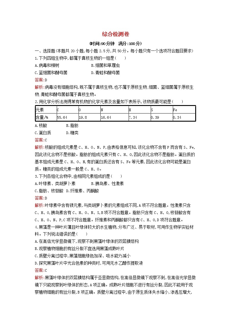 新教材高中生物综合检测卷新人教版必修101