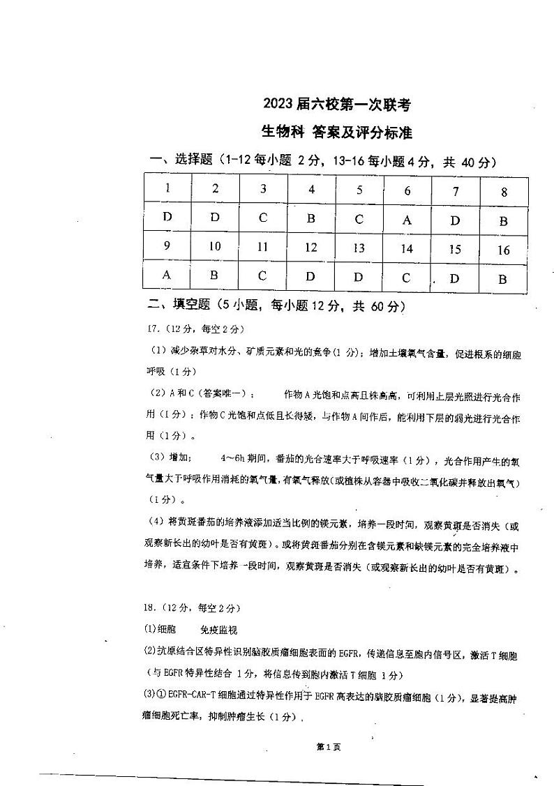 广东省六校高三第一次联考生物试题(扫描版含答案)01