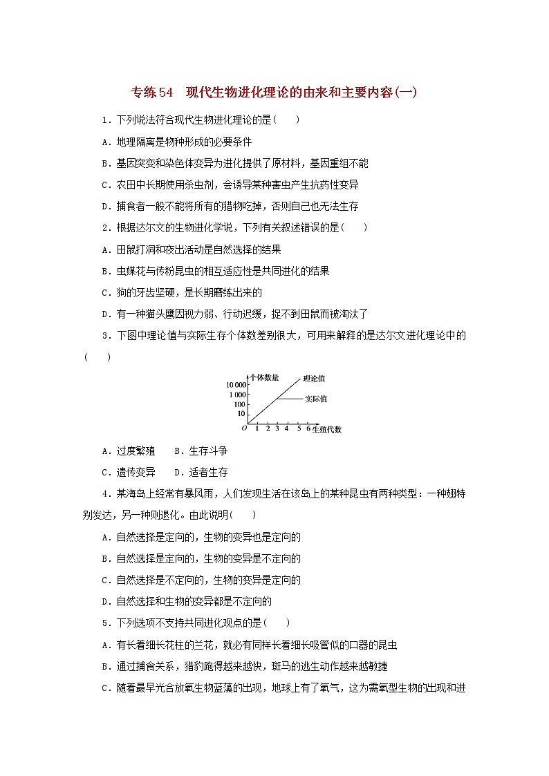 2023版高考生物第一部分专题练专练54现代生物进化理论的由来和主要内容一第1页