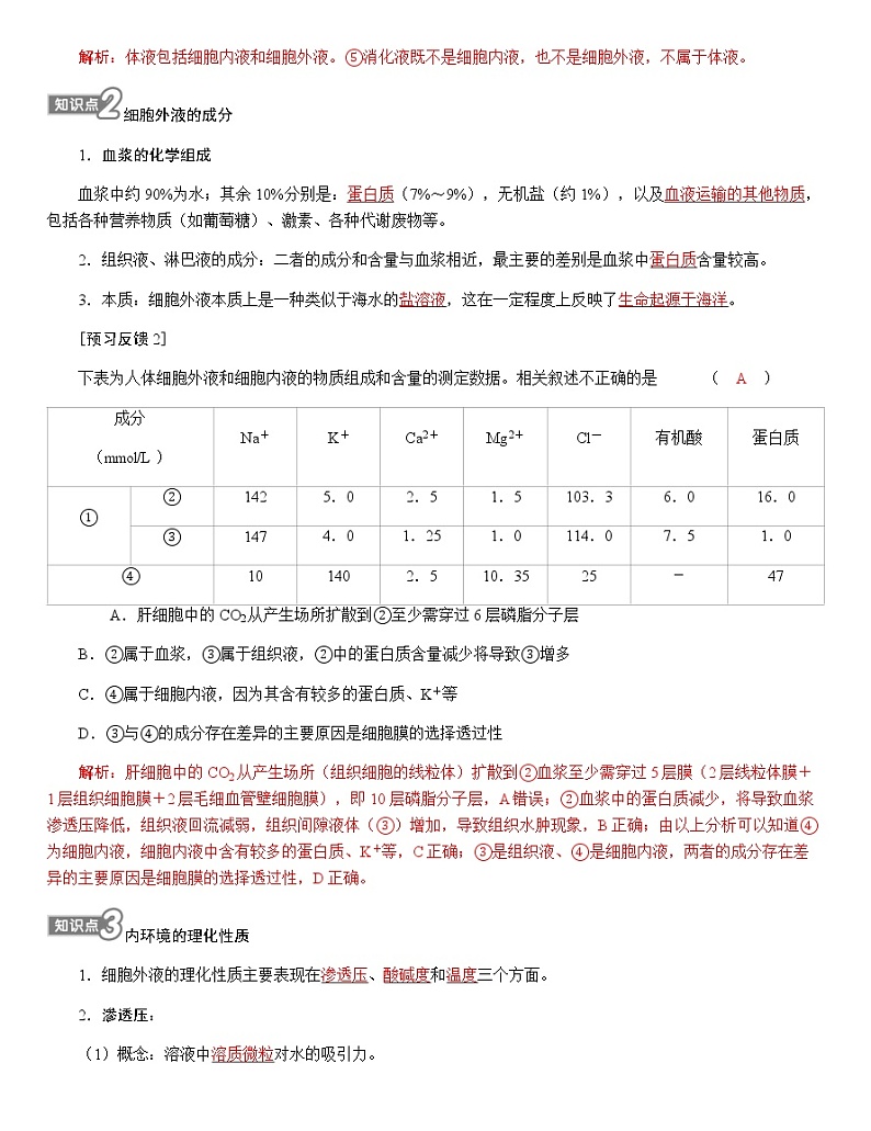 人教版高中生物选择性必修1第1章第1节细胞生活的环境学案02