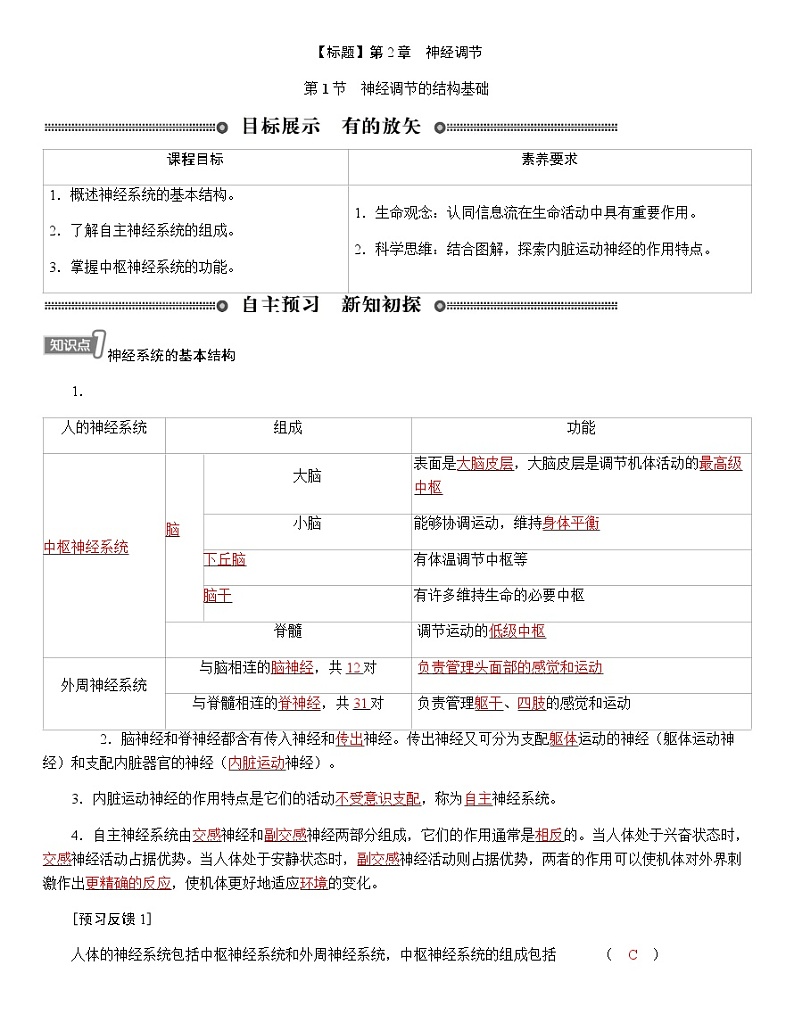 人教版高中生物选择性必修1第2章第1节神经调节的结构基础学案第1页