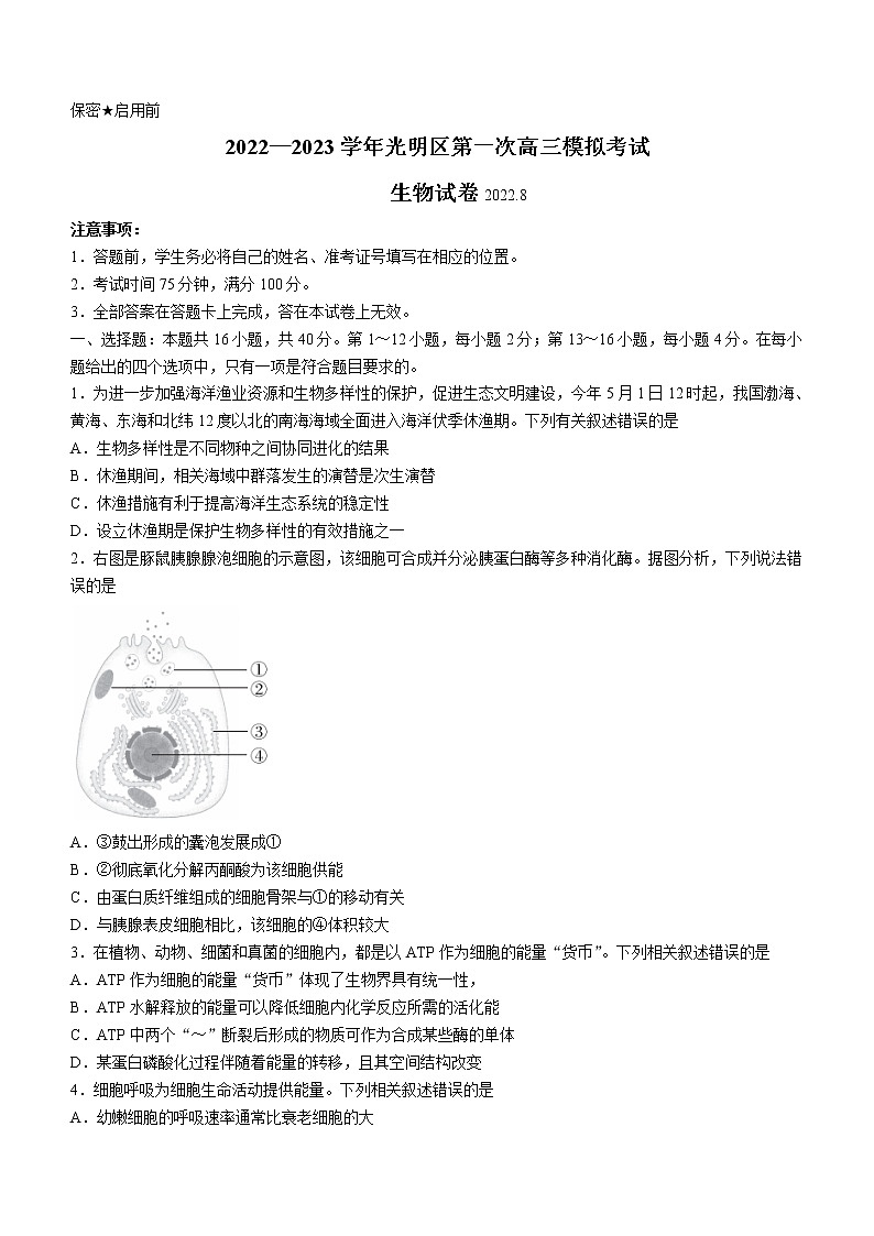2023深圳光明区高三上学期第一次模拟考试(8月)生物含解析01