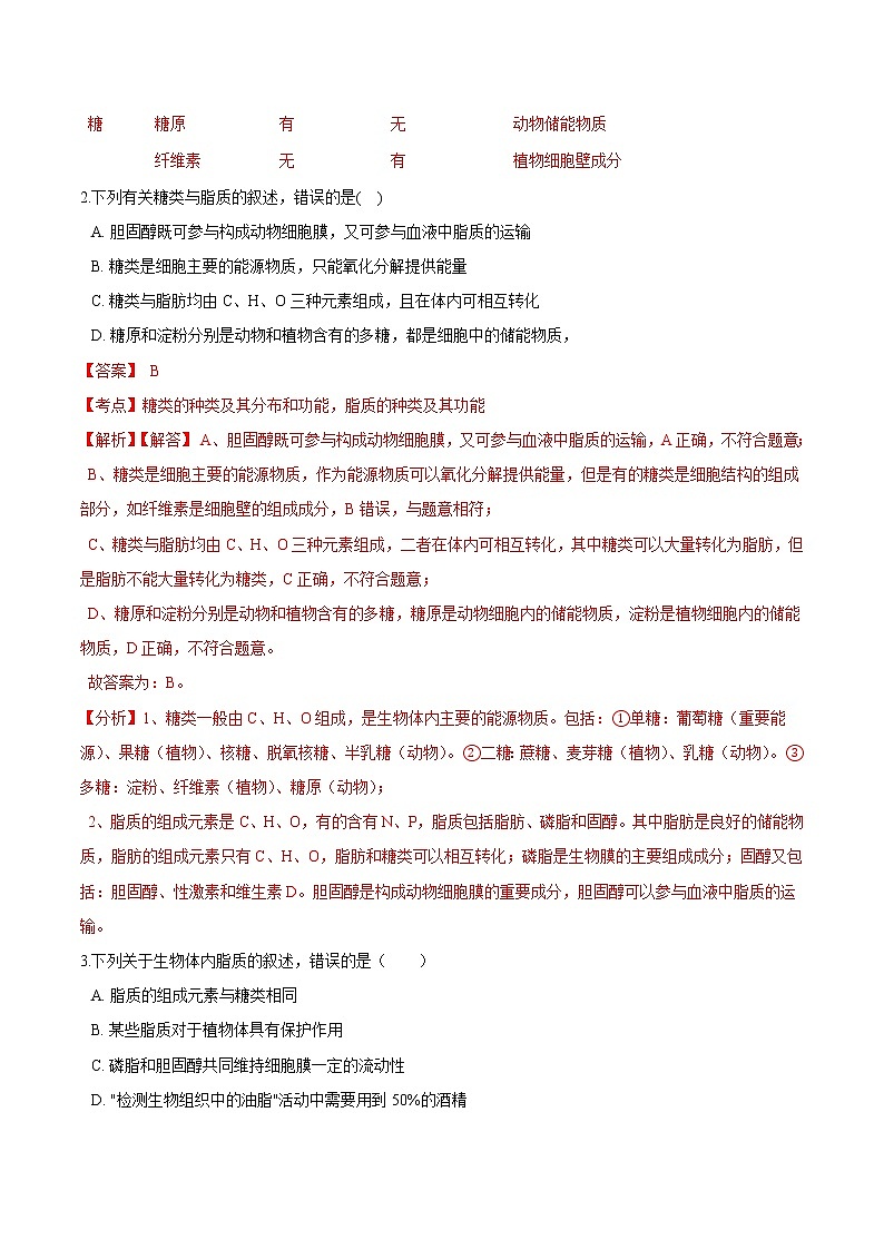 2.3 细胞中的糖类和脂质-高一生物课后培优练(人教版2019必修1)02