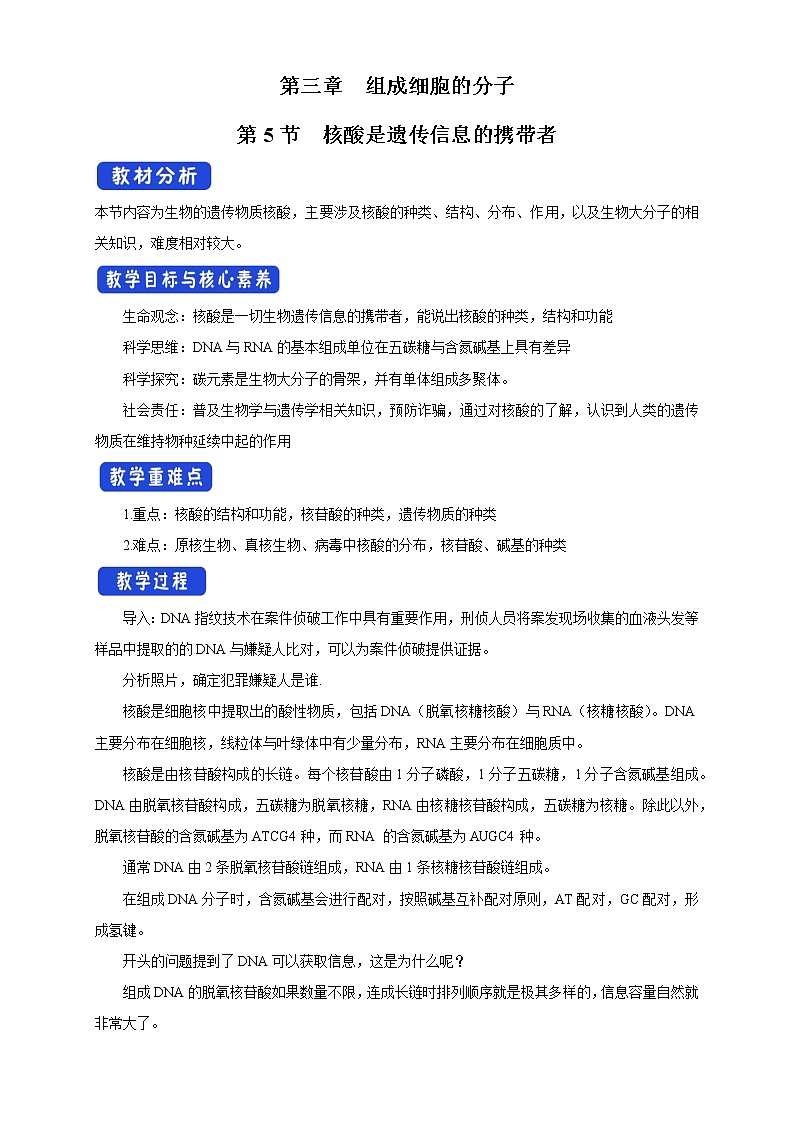 高中生物人教版必修一2.5核酸是遗传信息的携带者教案第1页