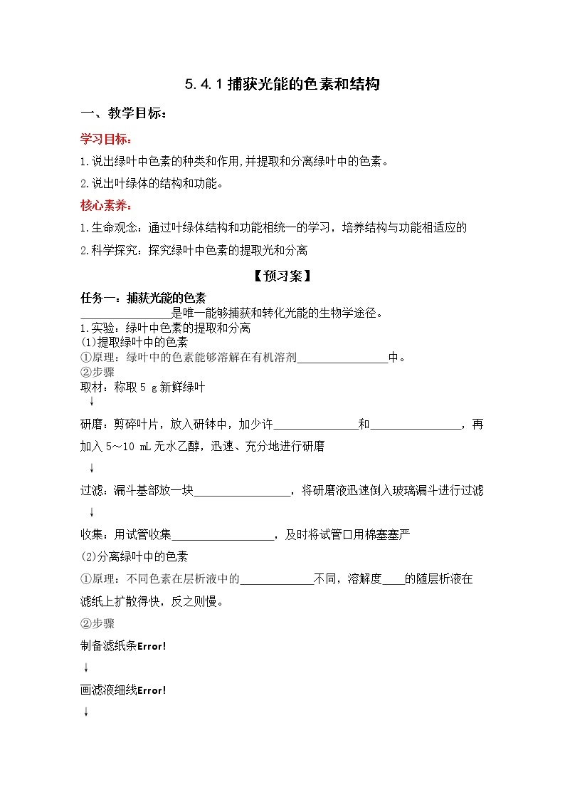 高中生物人教版必修一5.4.1捕获光能的色素和结构学案01