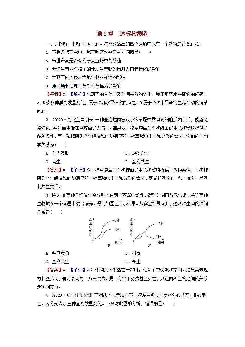 2022秋新教材高中生物新人教版选择性必修2第2章群落及其演替达标检测卷第1页