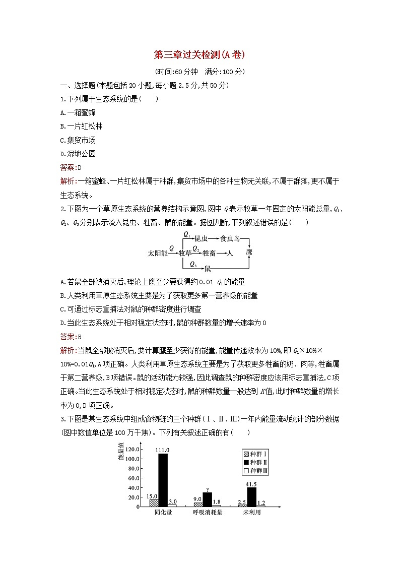 广西专版新教材高中生物浙科版选择性必修2第3章生态系统过关检测A卷第1页