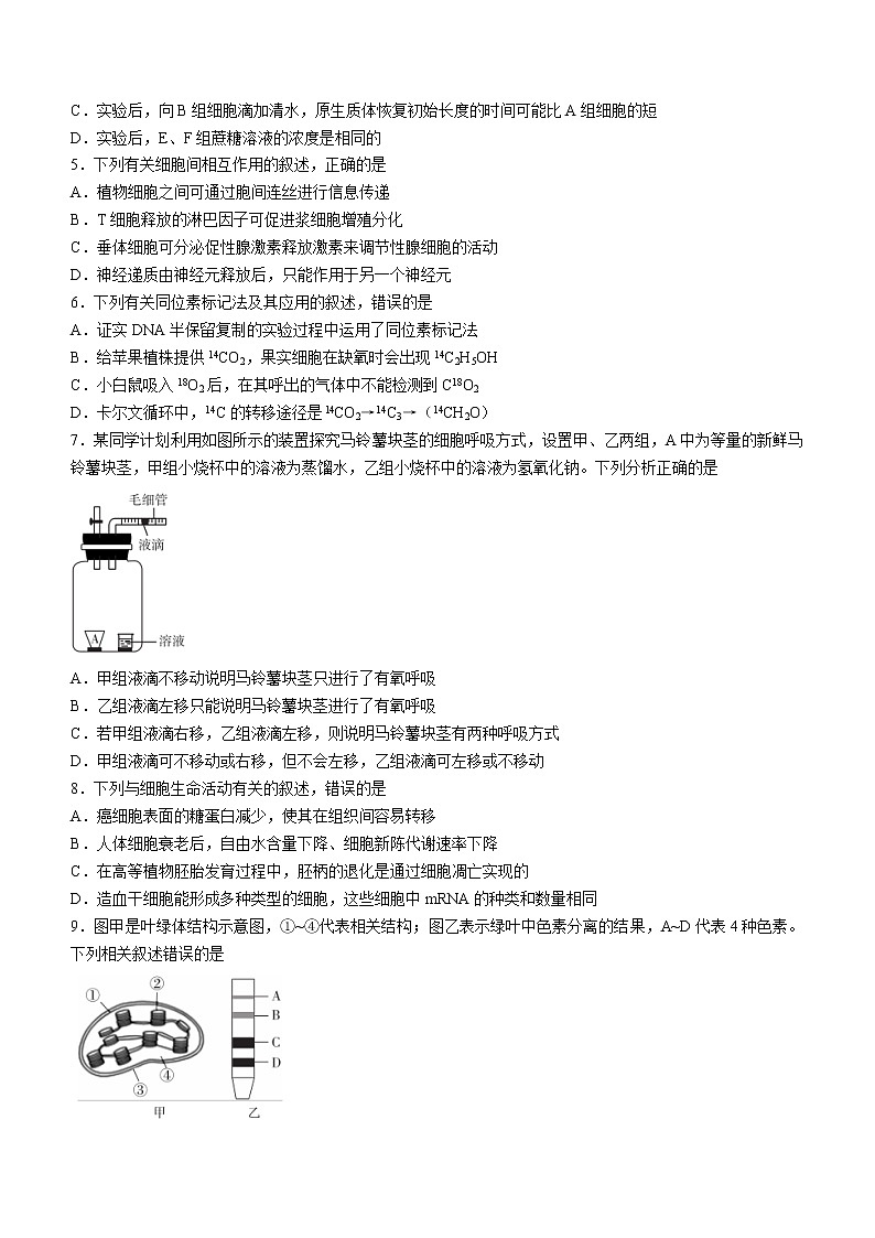 陕西省安康市2021-2022学年高三上学期第一次教学质量联考生物试题(含答案)02