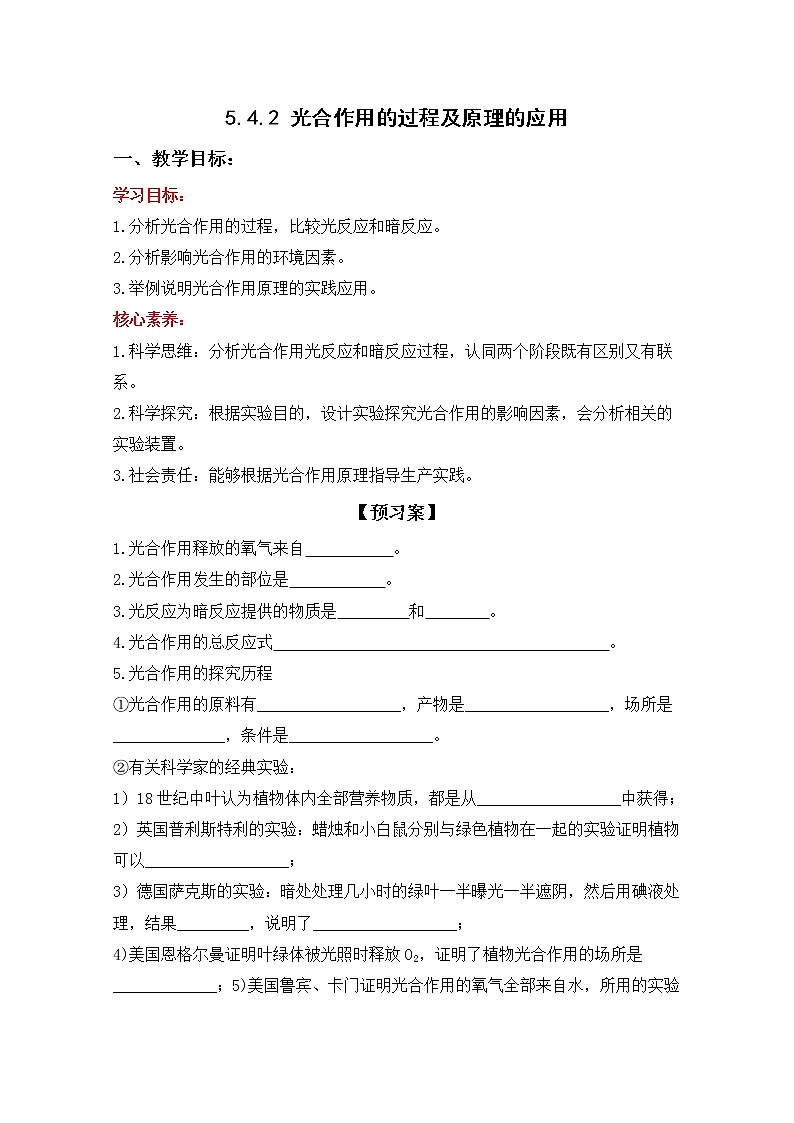 高中生物人教版必修一5.4.2光合作用的过程及原理的应用学案第1页