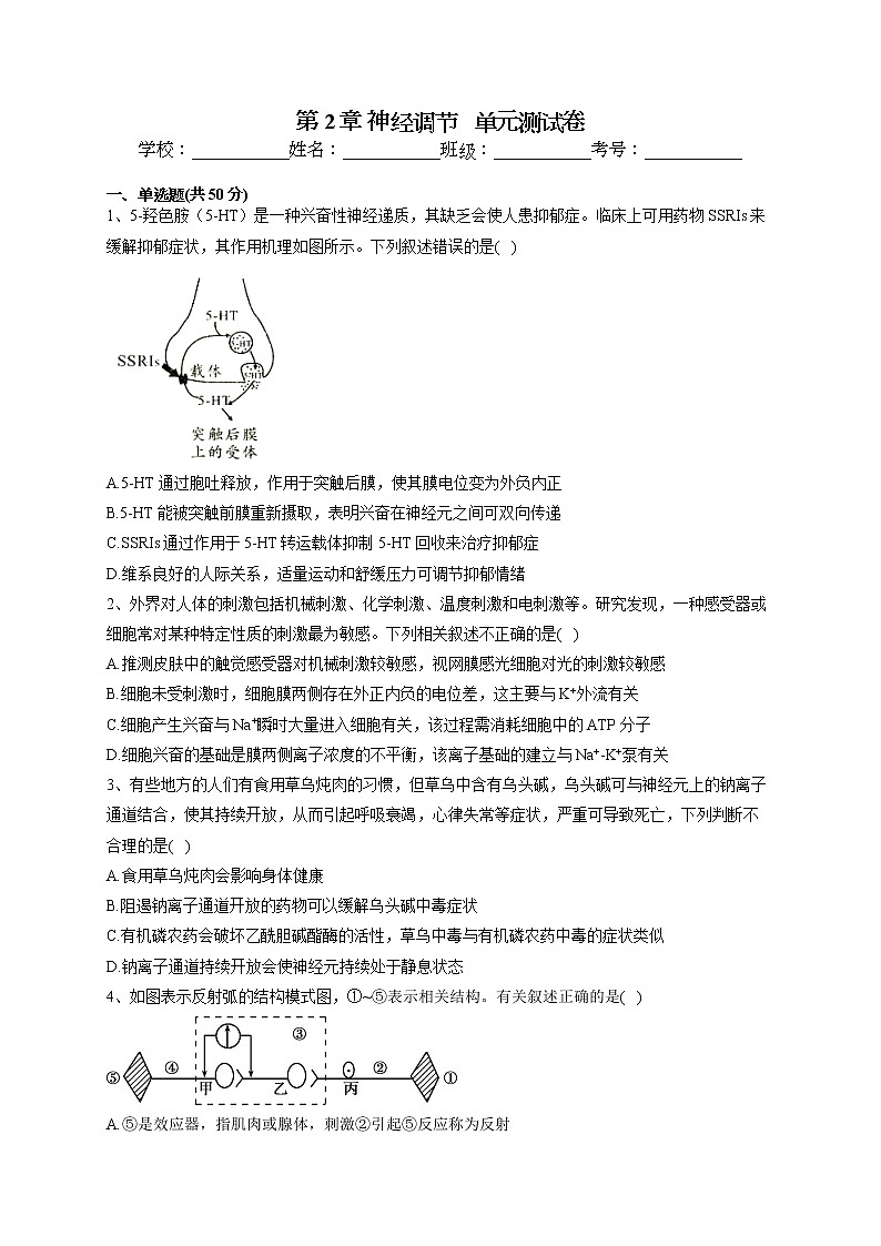2022-2023学年人教版(2019)选择性必修一第2章 神经调节 单元测试卷(word版含答案)01