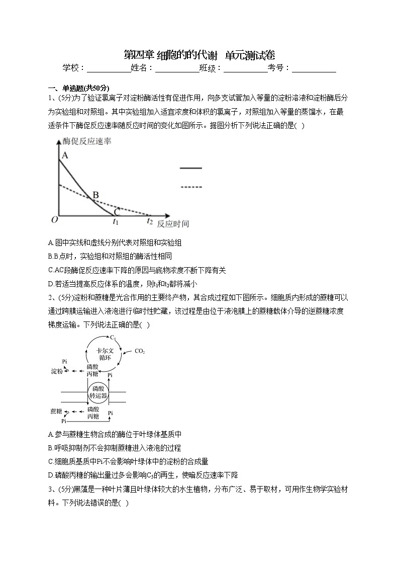 2022-2023学年北师大版(2019)必修一第四章 细胞的的代谢   单元测试卷(word版含答案)第1页