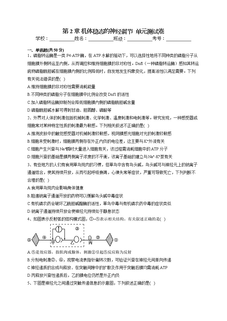 2022-2023学年北师大版(2019)选择性必修一第2章 机体稳态的神经调节  单元测试卷(word版含答案)第1页