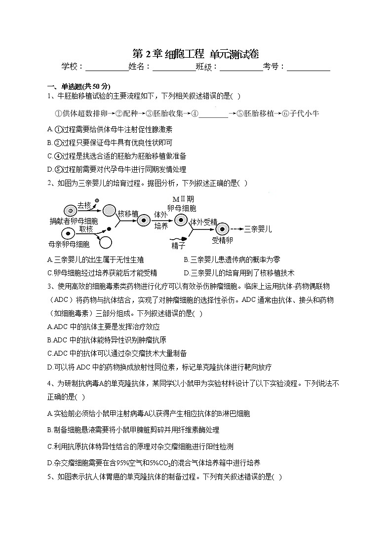 2022-2023学年北师大版(2019)选择性必修三第2章 细胞工程 单元测试卷(word版含答案)第1页