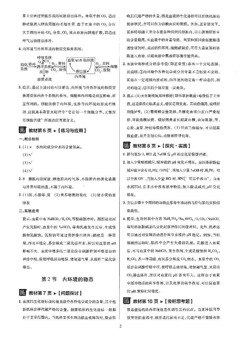 人教版高中生物选择性必修一《稳态与调节》问题探讨思考讨论及课后题答案第2页