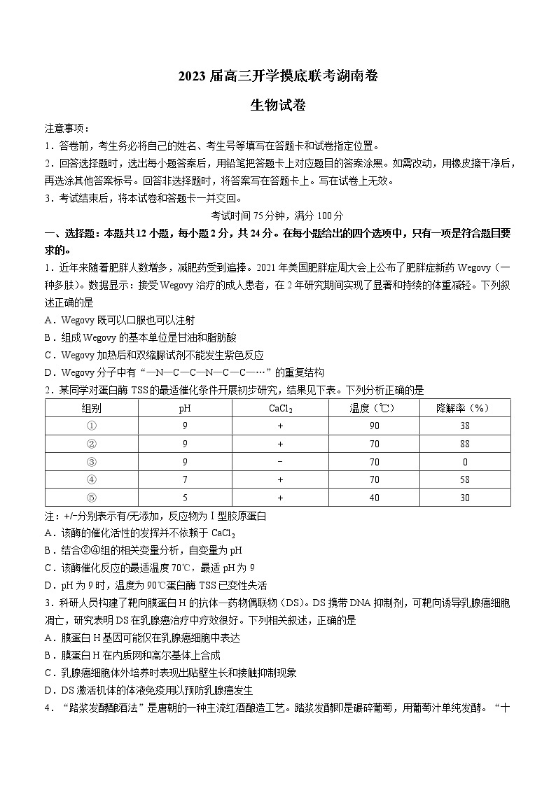 湖南省2022-2023学年高三上学期开学摸底联考生物试题（Word版含答案）01