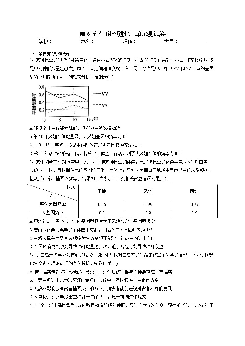 2022-2023学年人教版(2019)必修二第6章 生物的进化 单元测试卷(word版含答案)01