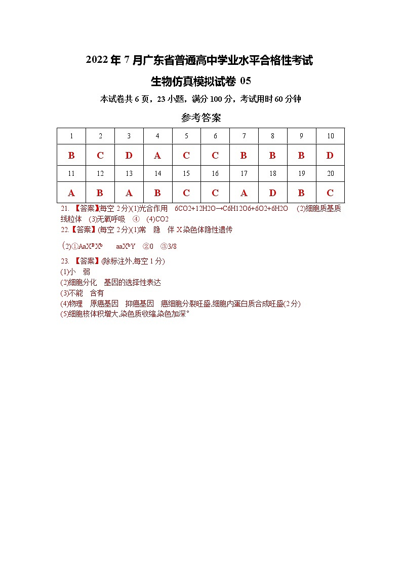 2022年7月广东省普通高中学业水平考试生物仿真模拟试卷05(参考答案)第1页