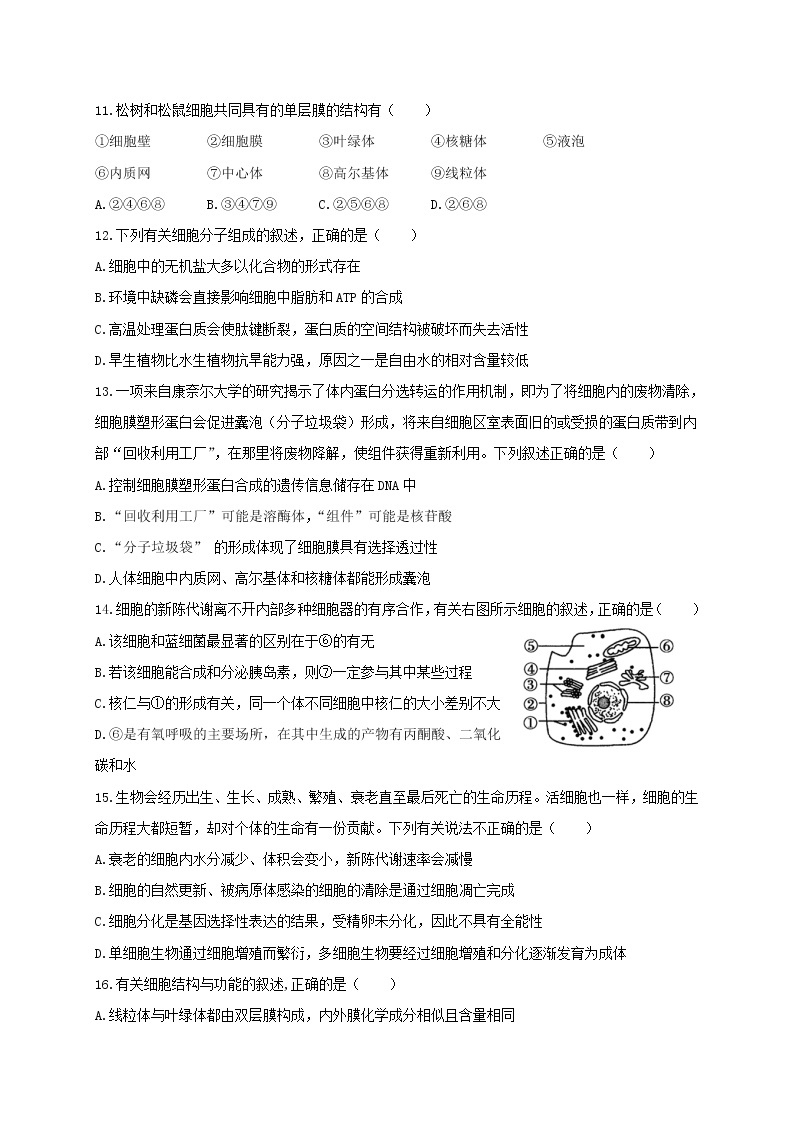 高中生物必修一 黑龙江省鹤岗市第一中学2020-2021学年高一上学期期末考试生物试题03