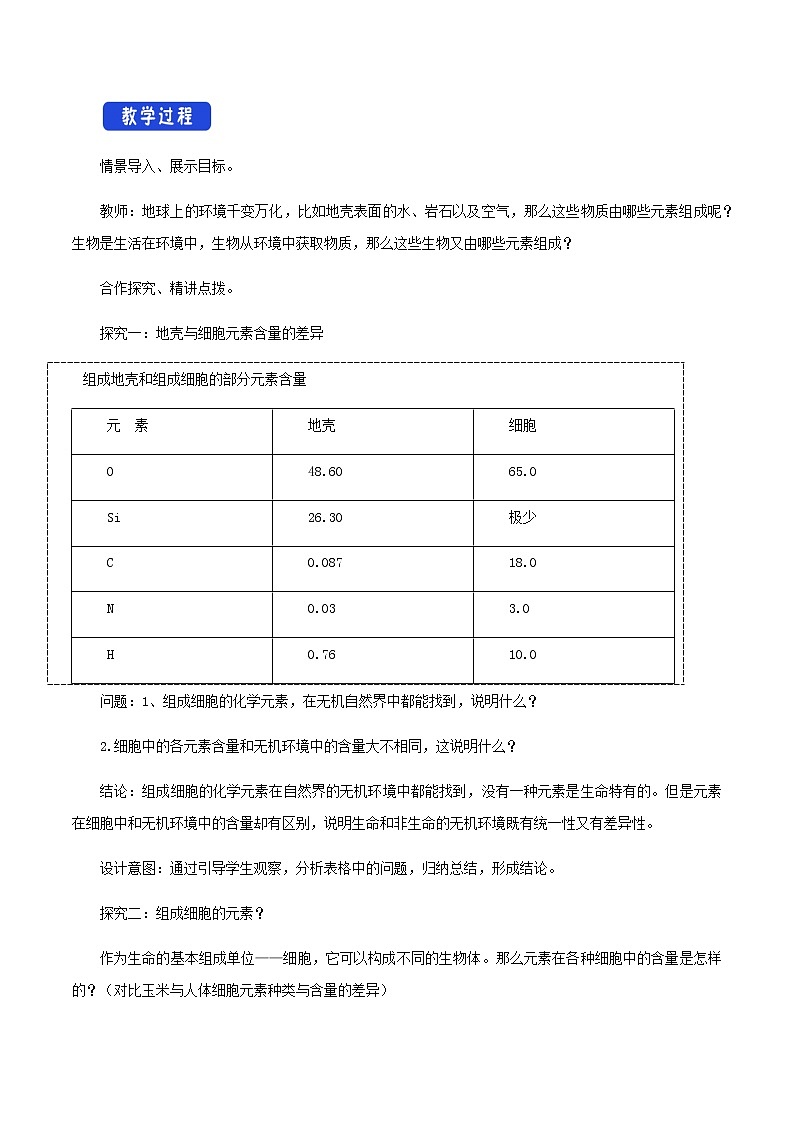 高中生物必修一 《第1节 细胞中的元素和化合物》优质课教学案教学设计第2页