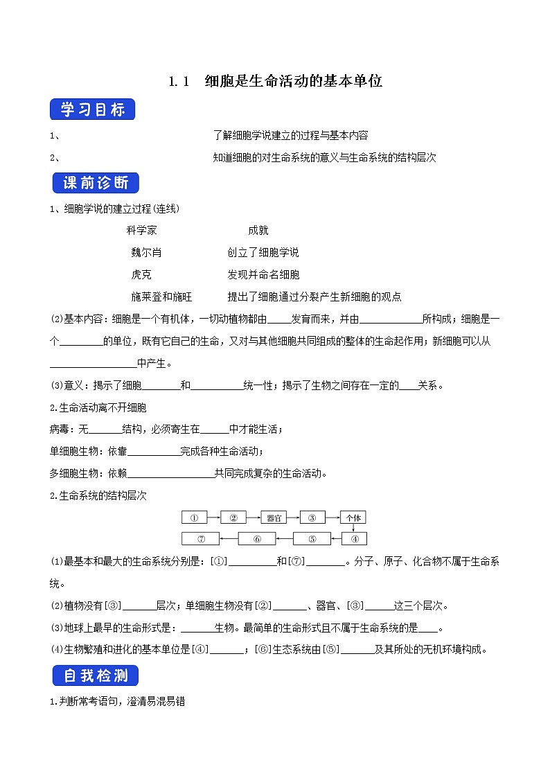 高中生物必修一 1.1 细胞是生命活动的基本单位 导学学案第1页