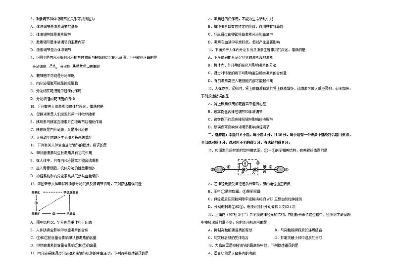 高中生物选择性必修一 第二单元神经调节、体液调节达标检测卷 A卷 (无答案)第2页