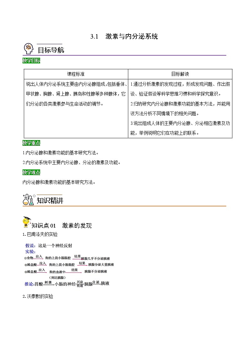 高中生物选择性必修一 3.1 激素与内分泌系统(含答案)(同步精品讲义01