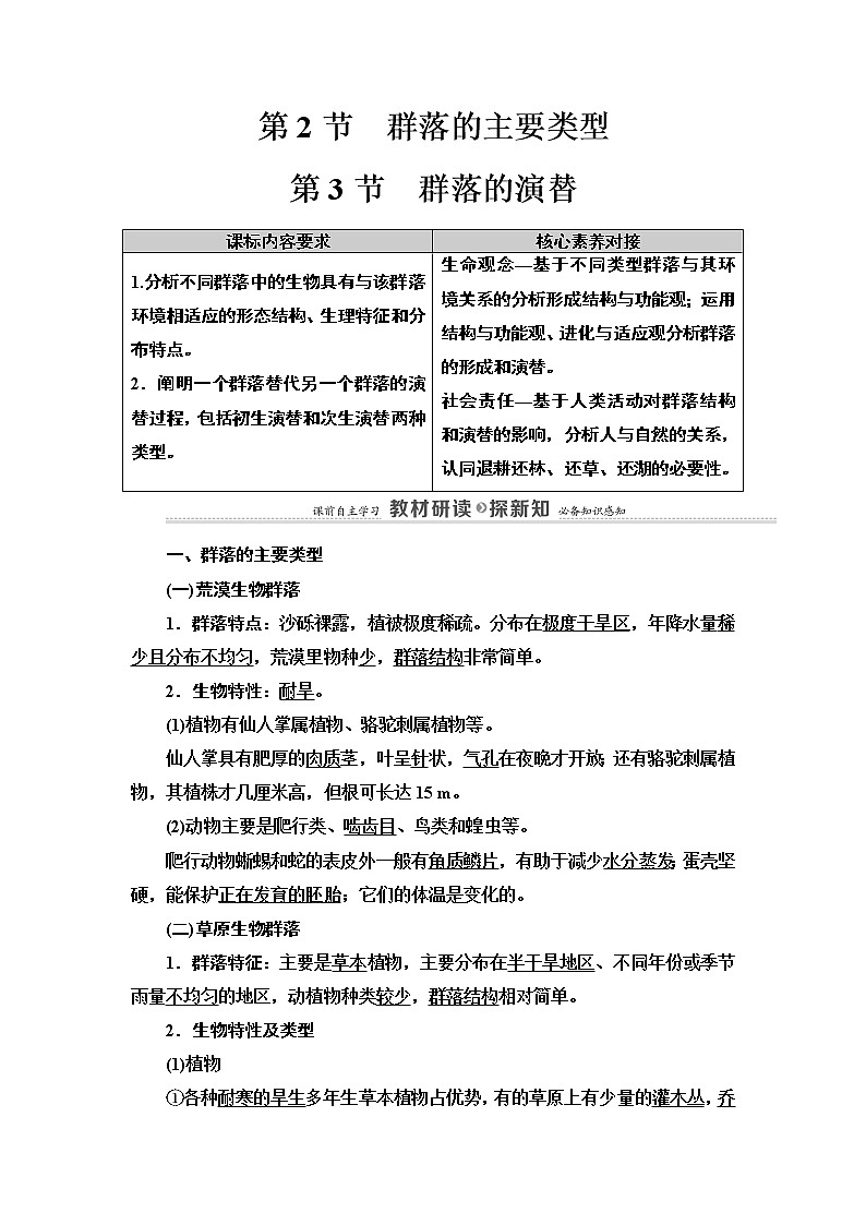 高中生物选择性必修二 第2章 第2节 群落的主要类型 第3节 群落的演替 讲义第1页