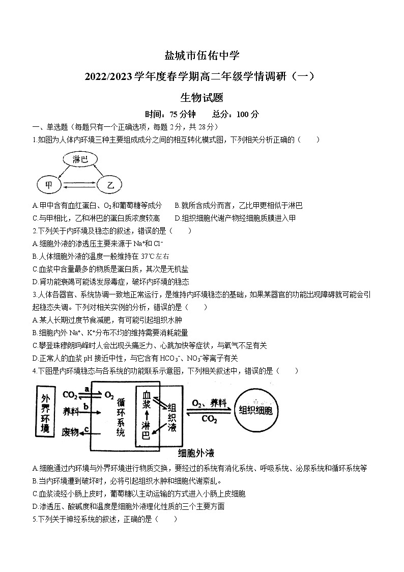 2023盐城伍佑中学高二上学期学情调研(一)生物试题第1页