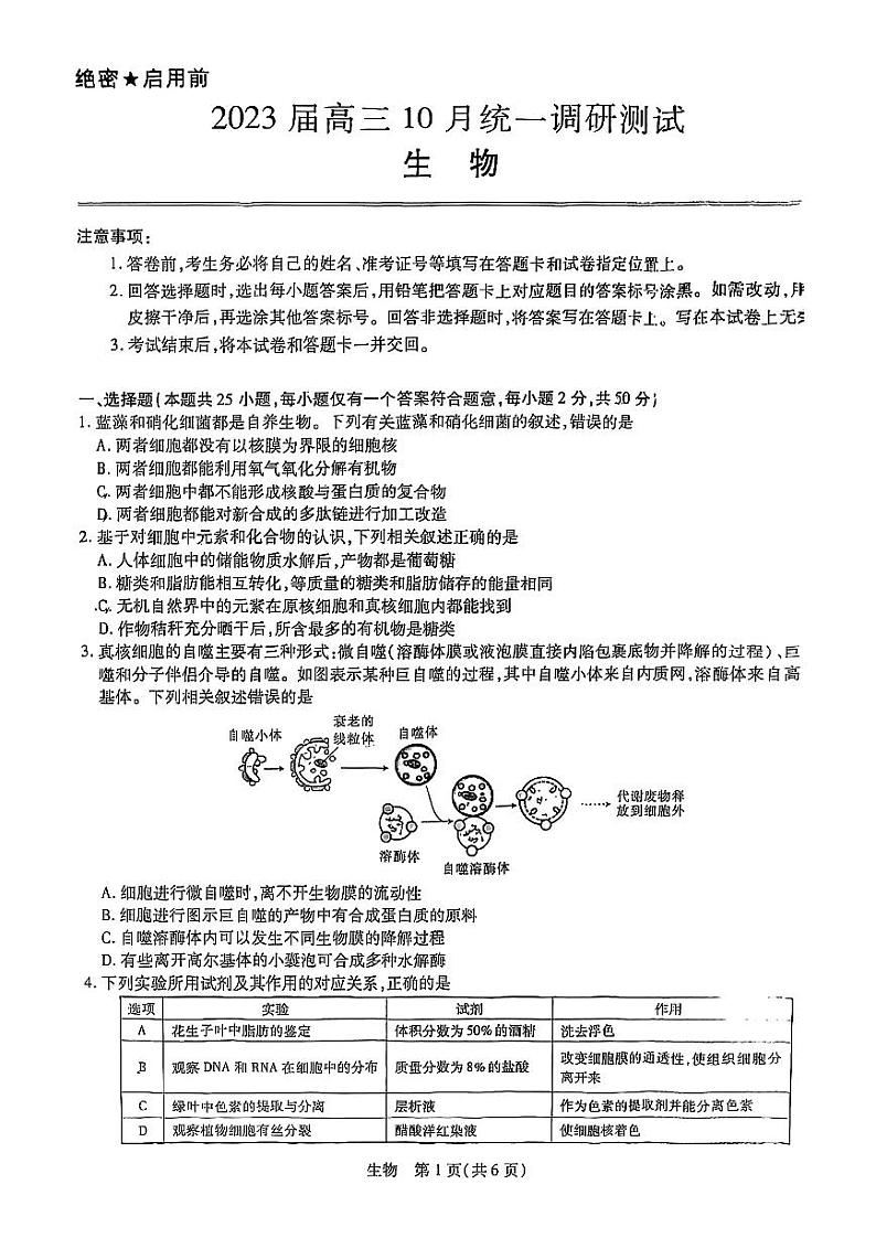 【稳派-智慧上进】2023届高三10月统一调研考试(生物)第1页