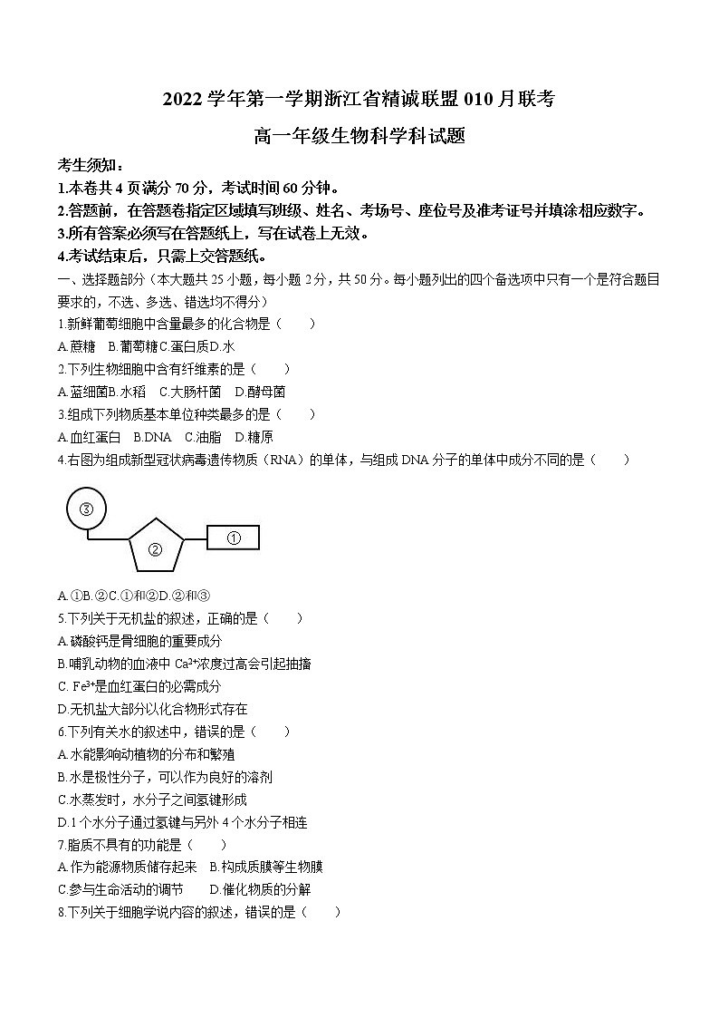 2023浙江省精诚联盟高一上学期10月联考生物试题含答案01