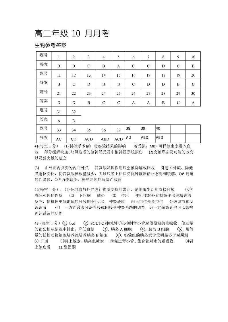 2022年枣庄三中高二年级10月阶段检测考试生物答案第1页