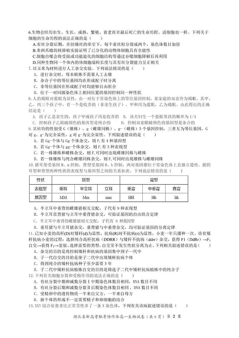 高一生物试卷第2页