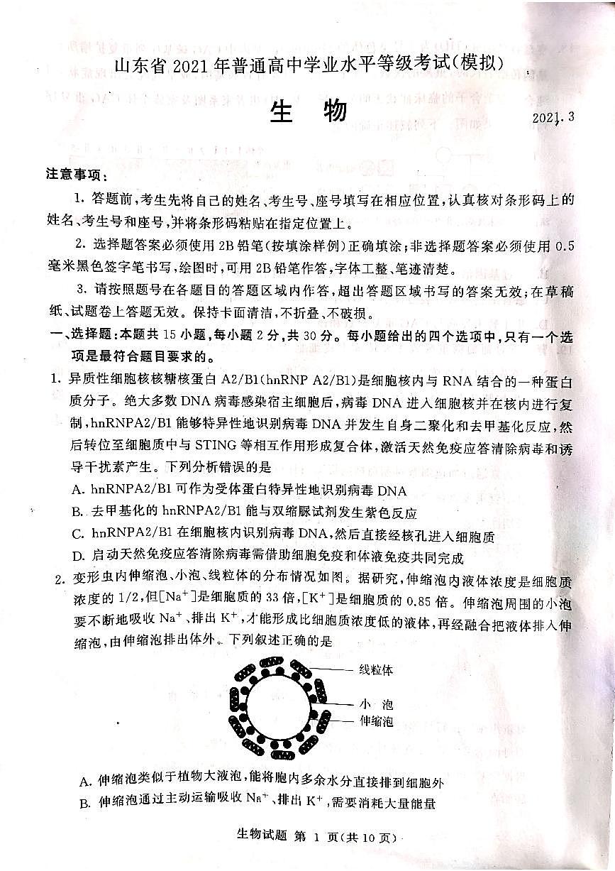 2021高三下學(xué)期學(xué)業(yè)水平等級考試（模擬）（臨沂一模）生物試題掃描版缺答案第1頁