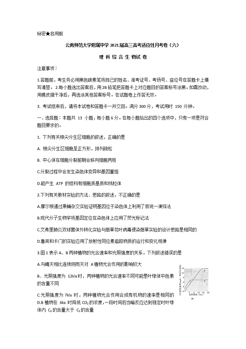 2021云南师大附中高三高考适应性月考卷(六)理科综合生物试题含答案01