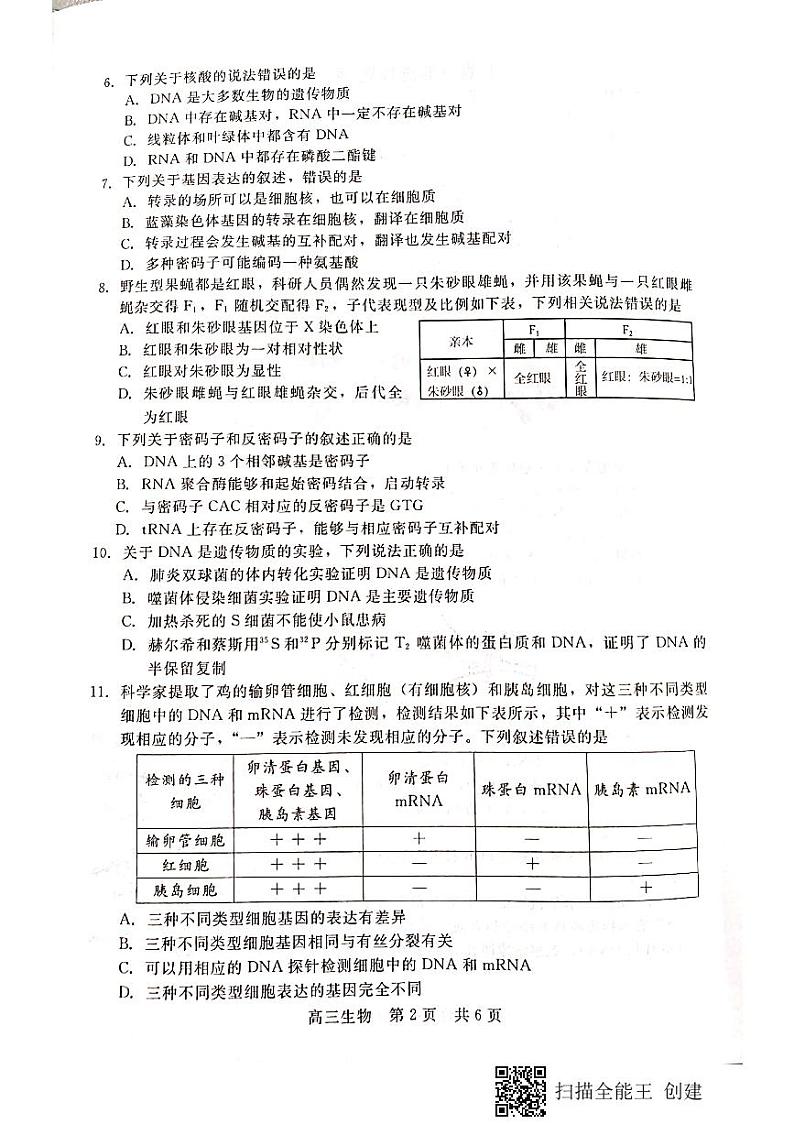 河北省张家口市2021届高三上学期第一阶段检测生物试题第2页