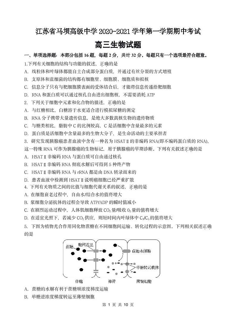 2021江苏省马坝高级中学高三上学期期中考试生物试题(可编辑)PDF版含答案01