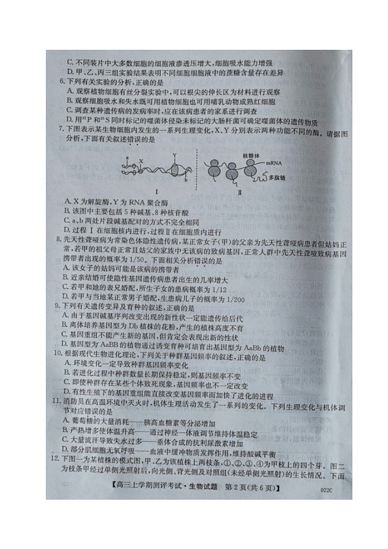 2021辽宁省高三上学期测评考试生物试题扫描版含答案02