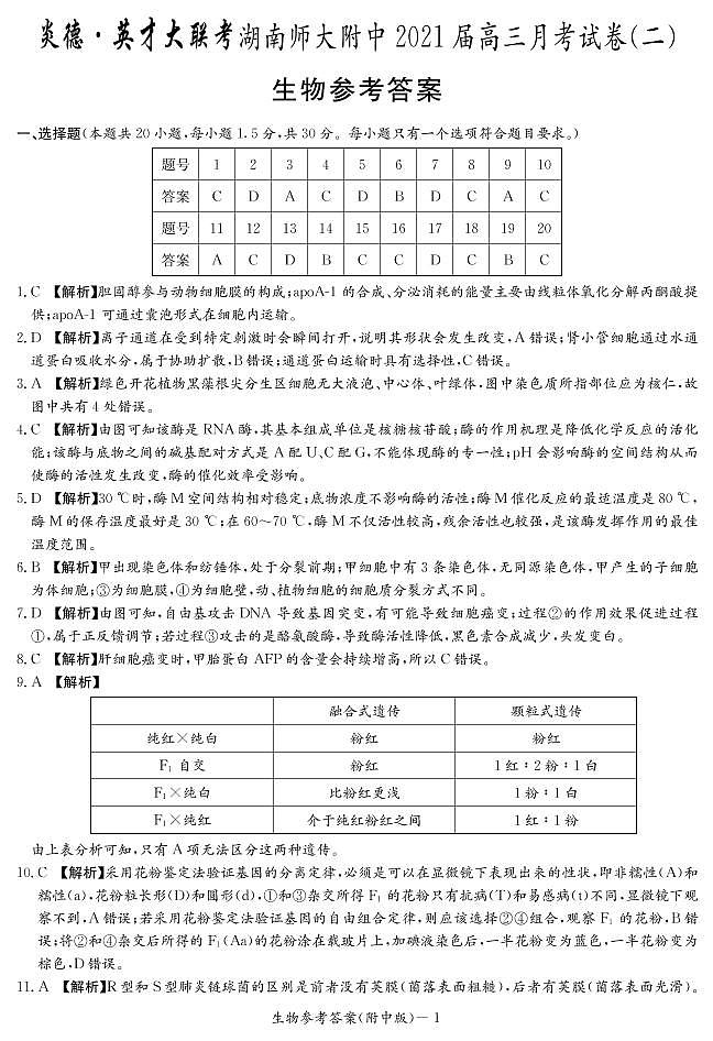 6生物(附中高三二次答案)第1页