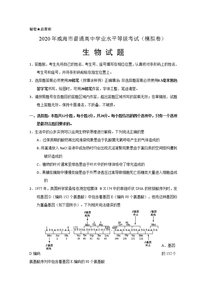 2020威海高三年级高考模拟考(二模)生物试题含答案01